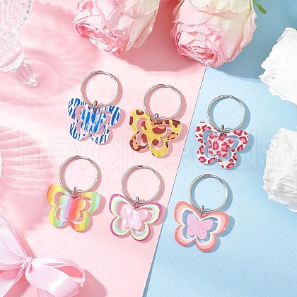 6Pcs 6 Style Printed Acrylic Butterfly Keychains KEYC-JKC01239-1