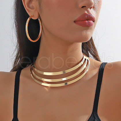 Chunky Alloy 3 Circles Choker Necklace & Hoop Earring FS-WG64904-01-1