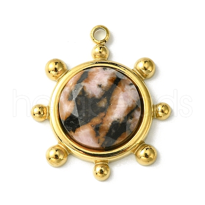 Ion Plating(IP) 304 Stainless Steel Pave Faceted Natural Rhodonite Pendants FIND-Z028-39A-1
