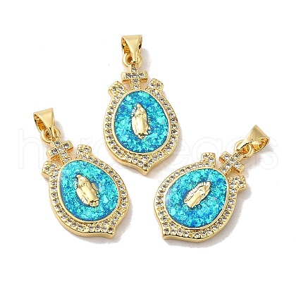 Rack Plating Brass Micro Pave Cubic Zirconia with Synthetic Opal Pendants KK-D088-17G-1