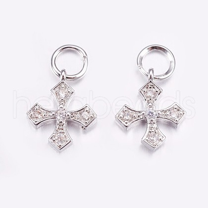 Brass Micro Pave Cubic Zirconia Tiny Cross Charms ZIRC-G128-04P-1