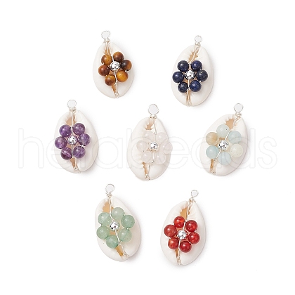 7Pcs 7 Styles Natural Stone Beaded Flower Copper Wire Wrapped Natural Cowrie Shell Pendants PALLOY-JF03440-02-1
