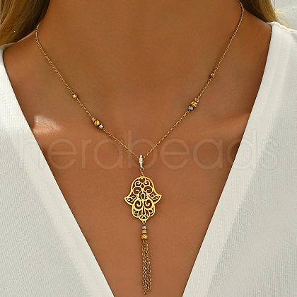 Bohemian Vintage Stainless Steel Crystal Rhinestone Geometric Hollow Flower Tassel Necklaces for Women AK3514-1