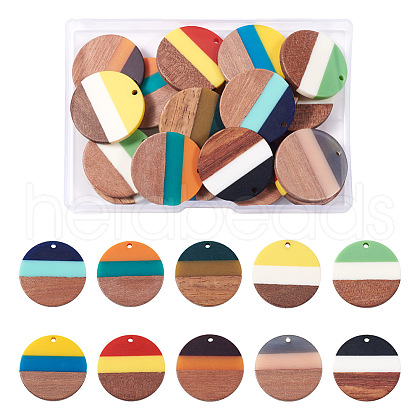 Beadthoven 20Pcs 10 Colors Opaque Tri-color Resin & Walnut Wood Pendants RESI-BT0001-18-1