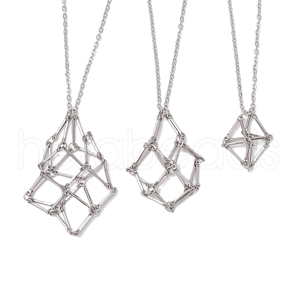 3 Pcs 201 Stainless Steel Crystal Stone Cage Pendant Necklaces NJEW-JN04750-1