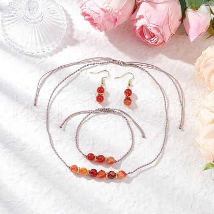 Round Natural Striped Agate/Banded Agate Beaded Necklace & Bracelet & Dangle Earring Sets SJEW-JS01328-1