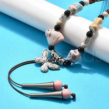 Ethnic Style Alloy & Porcelain Ceramic Beads Butterfly Pendant Tassel Y Necklaces NJEW-D308-01C-1