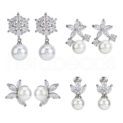 FIBLOOM 4 Pairs 4 Style Brass Micro Pave Cubic Zirconia Stud Earrings with Plastic Imitation Pearls EJEW-FI0003-11-1