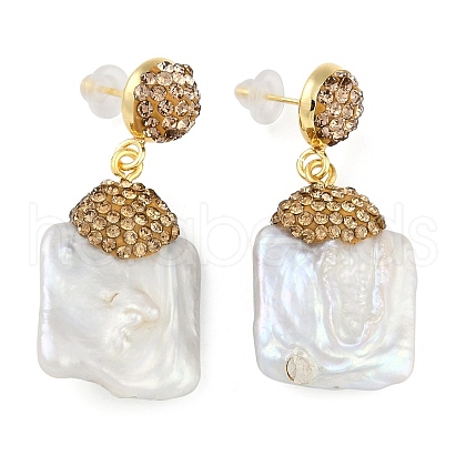 Rack Plating Nuggets Brass With Rhinestone & Natural Pearl Handmade Indonesia Stud Earrings EJEW-U010-04A-G-1