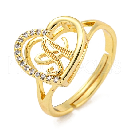 Heart with Letter Rack Plating Brass Micro Pave Cubic Zirconia Adjustable Rings for Women RJEW-I105-06G-A-1