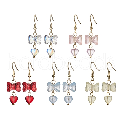 Bowknot with Heart Glass Dangle Earrings EJEW-JE05647-1