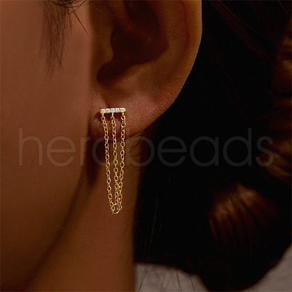 Rectangle 925 Sterling Silver Micro Pave Clear Cubic Zirconia Cartilage Earrings with Tassel Chains FS-WGA2317-07-1