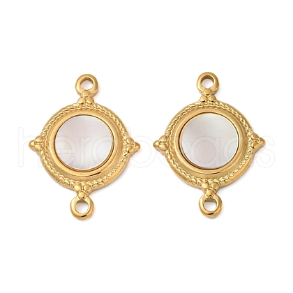 304 Stainless Steel Natural White Shell Flat Round Connector Charms STAS-L288-14G-02-1