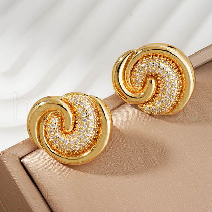 French Style Brass Clear Cubic Zirconia Swirl Stud Earrings HY3681-2-1