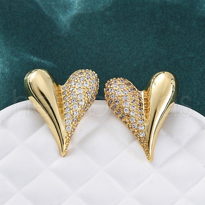 Heart Brass Micro Pave Clear Cubic Zirconia Stud Earrings EJEW-R025-10G-1