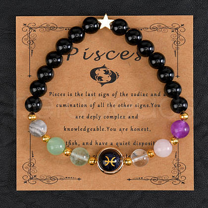12 Zodiac Sign Natural Black Obsidian Round Beads Stretch Bracelets for Men Women WG228FC-07-1