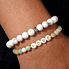 2Pcs 2 Styles Bohemian Style Natural African Turquoise(Jasper) & Flower Amazonite & Howlite Round Beads Stretch Bracelet Set with Love Letter US4306-2