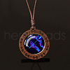 Flat Round with Twelve Constellations Blue Glass & Wood Pendant Waxed Leather Cord Necklace for Women Men WG486C3-09-1