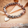 Olycraft Natural Zebra Jasper Round Beaded Stretch Bracelet with Alloy Heart Charm BJEW-OC0001-09B-4