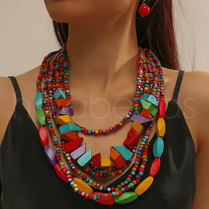 Bohemian Style Wood Beaded Multilayer Necklaces & Dangle Earrings Sets WG33684-01-1