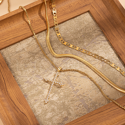 Fashionable Stainless Steel & Brass 3 layer Clear Cubic Zirconia Cross Pendant Necklaces for Women KA2927-1