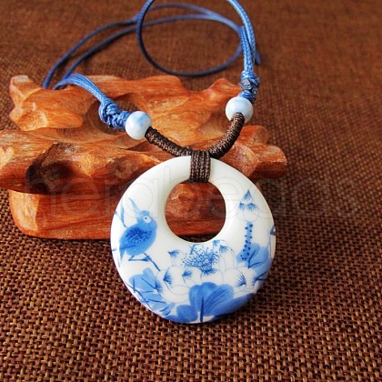 Ethnic Style Porcelain Pendant Adjustable Cord Necklaces for Women FS-WG62D6C-02-1