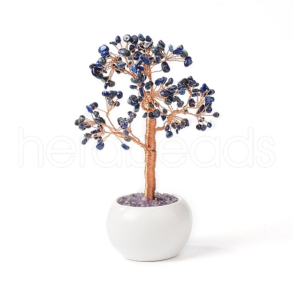 Natural Lapis Lazuli Chips with Brass Wrapped Wire Money Tree on Ceramic Vase Display Decorations DJEW-B007-02C-1