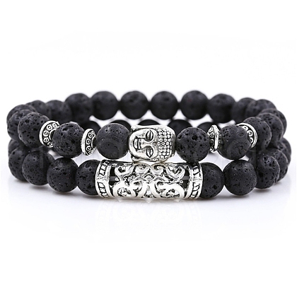2Pcs 2 Style Natural Lava Rock Stretch Bracelets Set with Alloy Buddha Head MATO-PW0001-074H-1
