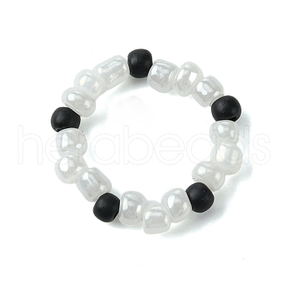 Round Synthetic Turquoise with Glass Seeded Beaded Stretch Rings for Women RJEW-JR00707-02-1