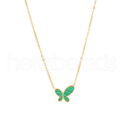 Synthetic Malachite Butterfly Pendant Necklace with Titanium Steel Chains SM4957-1-1