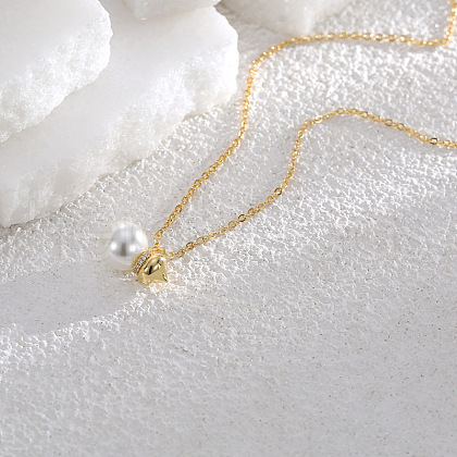 Brass Micro Pave Clear Cubic Zirconia with Round Shell Pearl Beaded Pendant Necklaces FS-WG09154-07-1