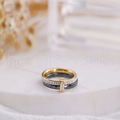Rectangle Stainless Steel Crystal Rhinestone & Ceramic Finger Rings FS-WG8E554-03-1