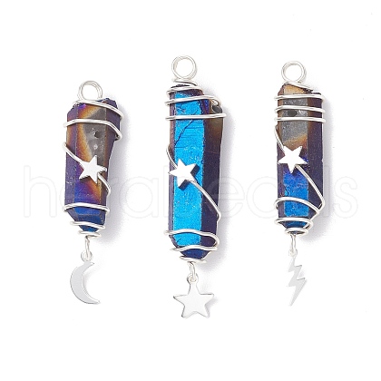 3Pcs 3 Styles Electroplated Natural Quartz Crystal Pointed Copper Wire Wrapped Pendants PALLOY-JF03767-03-1