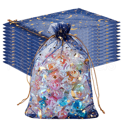 Beebeecraft 50Pcs Gold Stamping Moon & Star Organza Drawstring Gift Storage Bags OP-BBC0001-03C-03-1