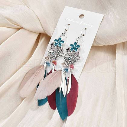 Flower & Feather Alloy Chandelier Earrings EJEW-G426-04AS-1