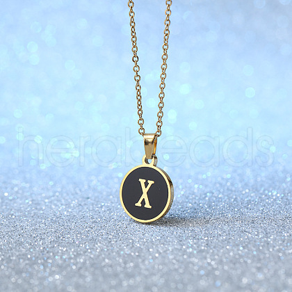 Alloy Black Enamel Flat Round with Letter Pendant Necklaces for Women WG4B845-24-1