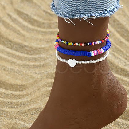 Bohemian Polymer Clay Heishi Beaded Heart Stretch 3 Layer Anklets WG28347-03-1