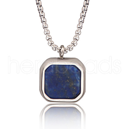304 Stainless Steel Pave Natural Lapis Lazuli Square Pendant Necklaces FS-WG8D101-03-1