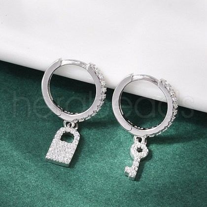 Lock & Key 925 Sterling Silver Micro Pave Clear Cubic Zirconia Hoop Earrings for Women EJEW-G427-01P-03-1