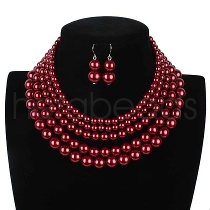 Plastic Pearl Round Beaded Multilayer Necklaces & Dangle Earrings Sets FS-WGEBA88-05-1