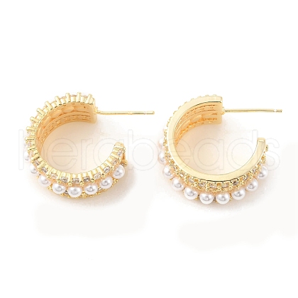 Plastic Pearl Beaded Half Round Stud Earrings with Clear Cubic Zirconia EJEW-C060-06G-1