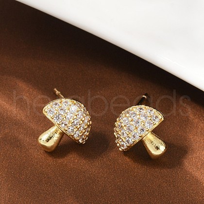 Mushroom Brass Micro Pave Clear Cubic Zirconia Stud Earrings EJEW-F895-17G-1