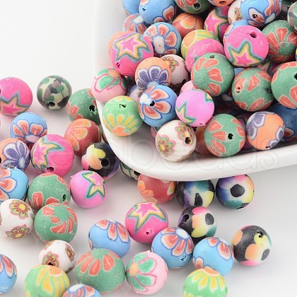 Handmade Flower Pattern Polymer Clay Round Beads CLAY-Q172-M-1