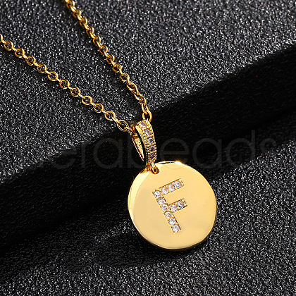 Brass Micro Pave Clear Cubic Zirconia Flat Round with Letter Pendant Necklaces FS-WG00655-06-1
