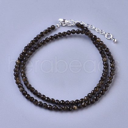 Natural Golden Sheen Obsidian Beaded Necklaces NJEW-K114-A-A19-1