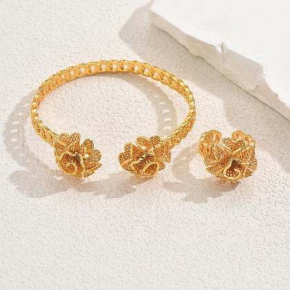 Elegant Brass Flower Cuff Ring & Bangle Set for Women YN2787-1