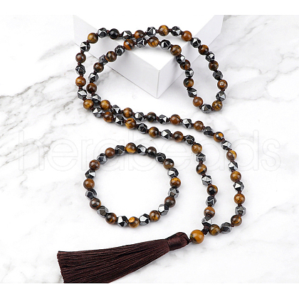 Natural Hematite Round Beaded Pendant Necklaces & Bracelets Sets FS-WG9D102-27-1
