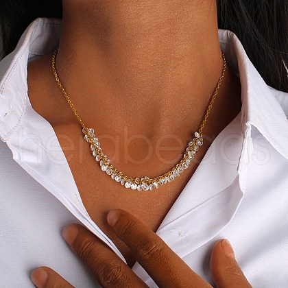 304 Stainless Steel Cable Chain Necklaces with Clear Cubic Zirconia Disc Cluster NJEW-Q050-02G-1