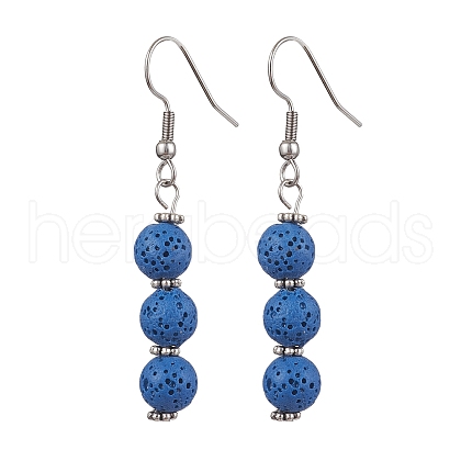 Dyed Nature Lava Rock Round Beaded Dangle Earrings for Women EJEW-JE05636-05-1
