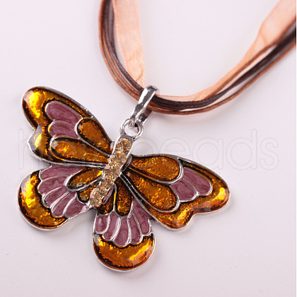 Butterfly Alloy Enamel & Rhinestone Pendant Waxed Cord Necklaces for Women FS-WGA0605-06-1